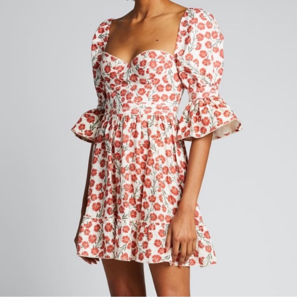 Agua by Agua Bendita White Mini Dress with Coral Floral Print and Puff Sleeves